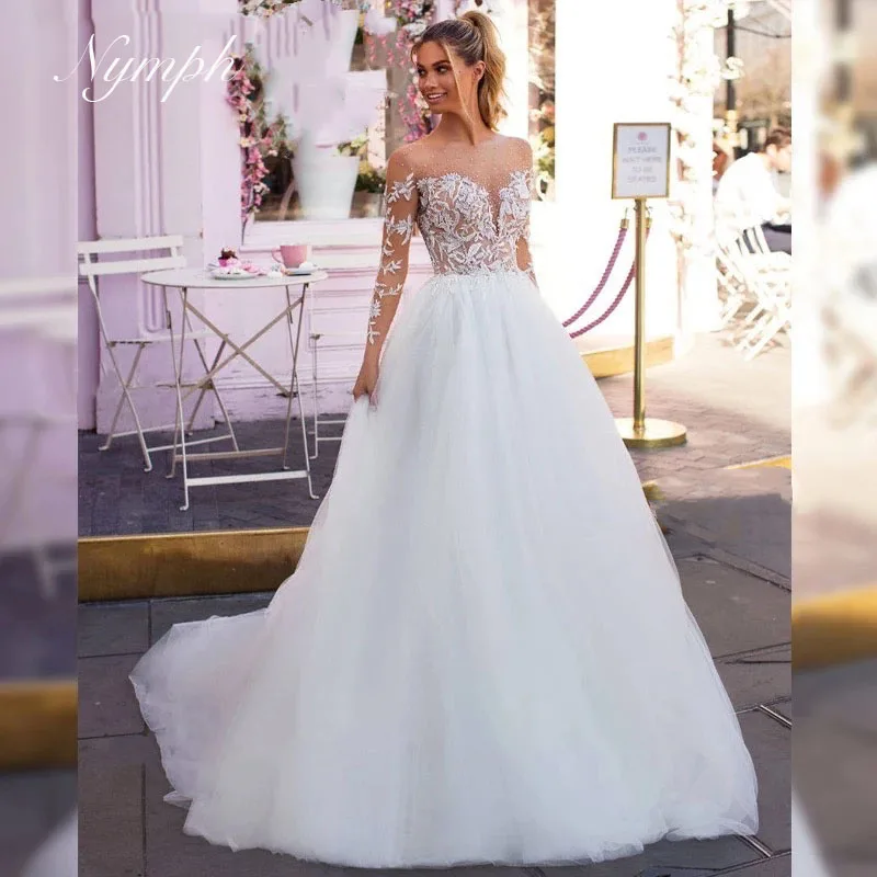 

Nymph Customized Illusion Long Sleeve Wedding Dress A-Line Flowers O-Neck Beaded Button Bride Gown Princess Vestido De Novia