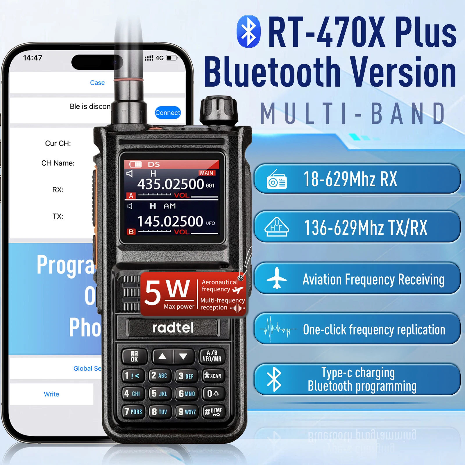 Radtel RT-470X Plus Bluetooth Ham Walkie-Talkies 256CH Air Band Two Way Radio Station Aviation NOAA Police Marine Transceiver