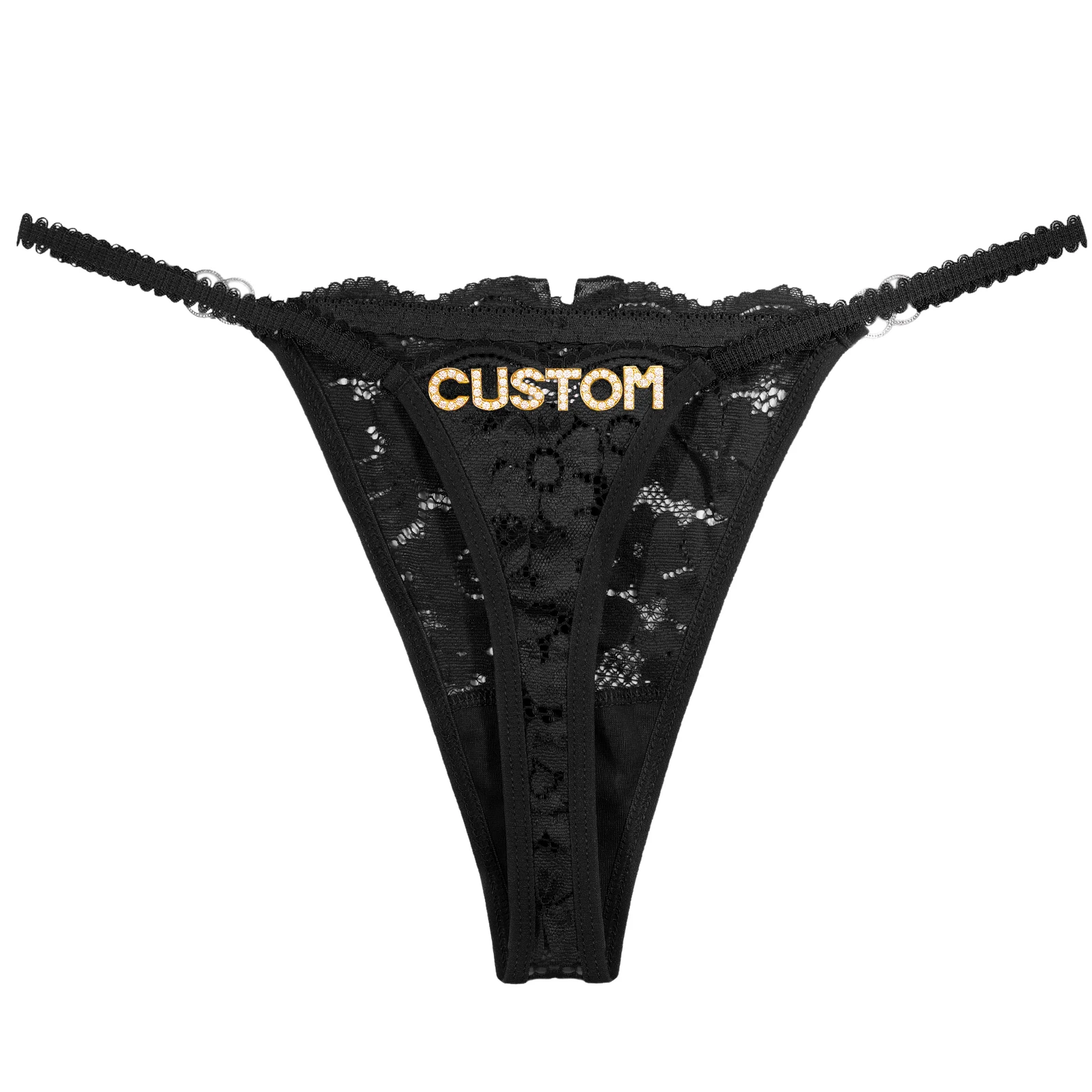 Tanga de Encaje con Pedrería y Nombre Personalizado para Mujer, Tanga con Letras de Cristal Doradas y Plateadas, Lencería Personalizada, Regalo