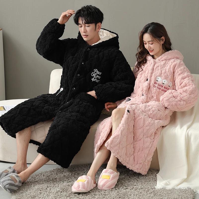 Thick 3 Layers Warm Winter Bathrobe Couple Soft Flannel Quilted Long Kimono Bath Robe Female Dressing Gown Men Coral Fleece Robe