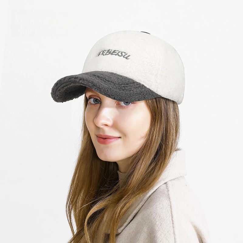 Polyester Fleece Baseball Cap for Women Letter Embroidery Two Tone Spliced Warm Winter Adjustable Casual Outdoor Hat