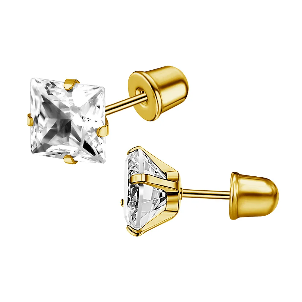 00098 Hochwertige vergoldete Edelstahl-Ohrringe mit quadratischen Zirkonen, schlichtes Design, Ohrknorpel-Steck-Accessoire – Detail 1