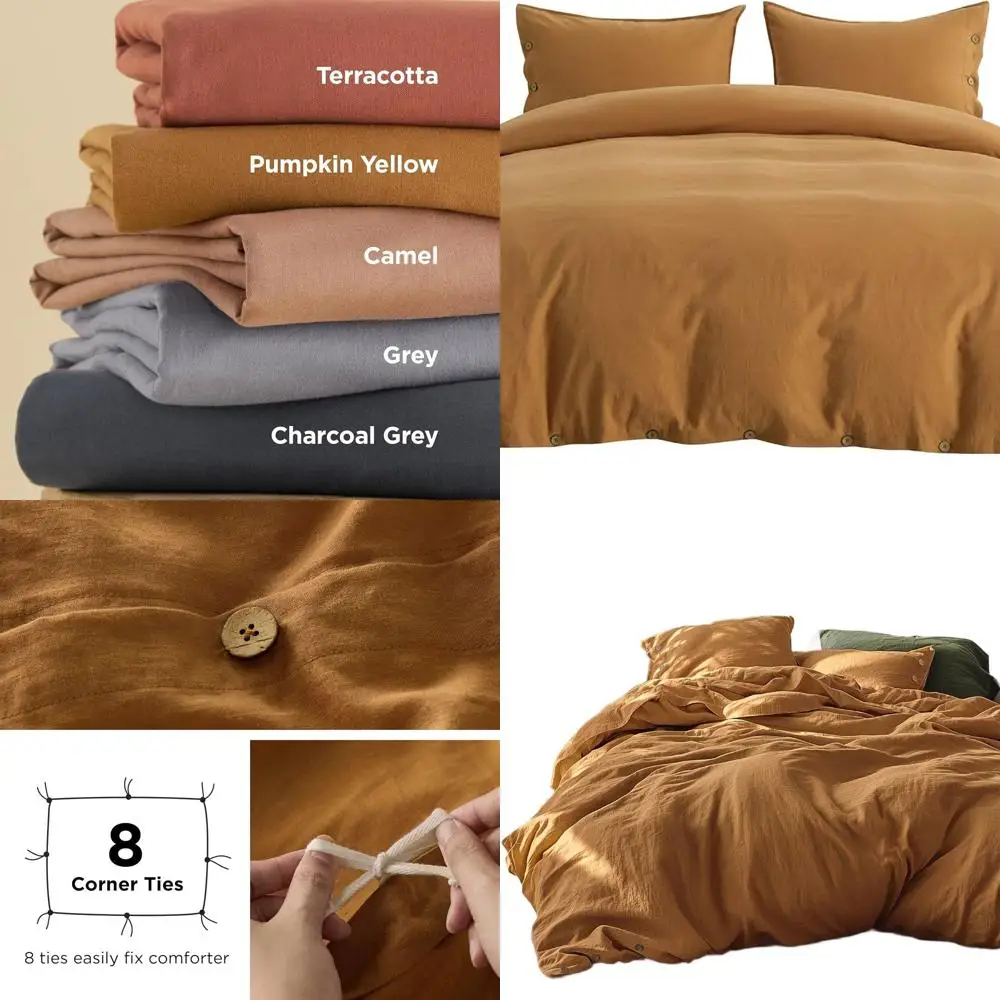 

King Size Linen Cotton Blend Duvet Cover Set - 3-Piece Soft & Cozy, Pumpkin Yellow, Cooling Bedding (Duvet & Pillowcases)