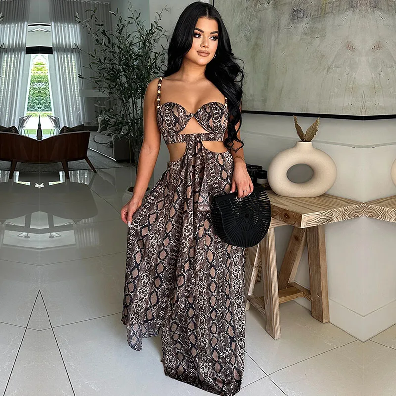 Seksowne Sukienki Maxi z Wycięciami i Nadrukiem Damskie Eleganckie Sukienki na Cienkich Ramiączkach z Dekoltem w Serek Bez Rękawów z Odkrytymi Plecami w Kształcie Litery A na Imprezę Klubową Urodziny Długa Sukienka