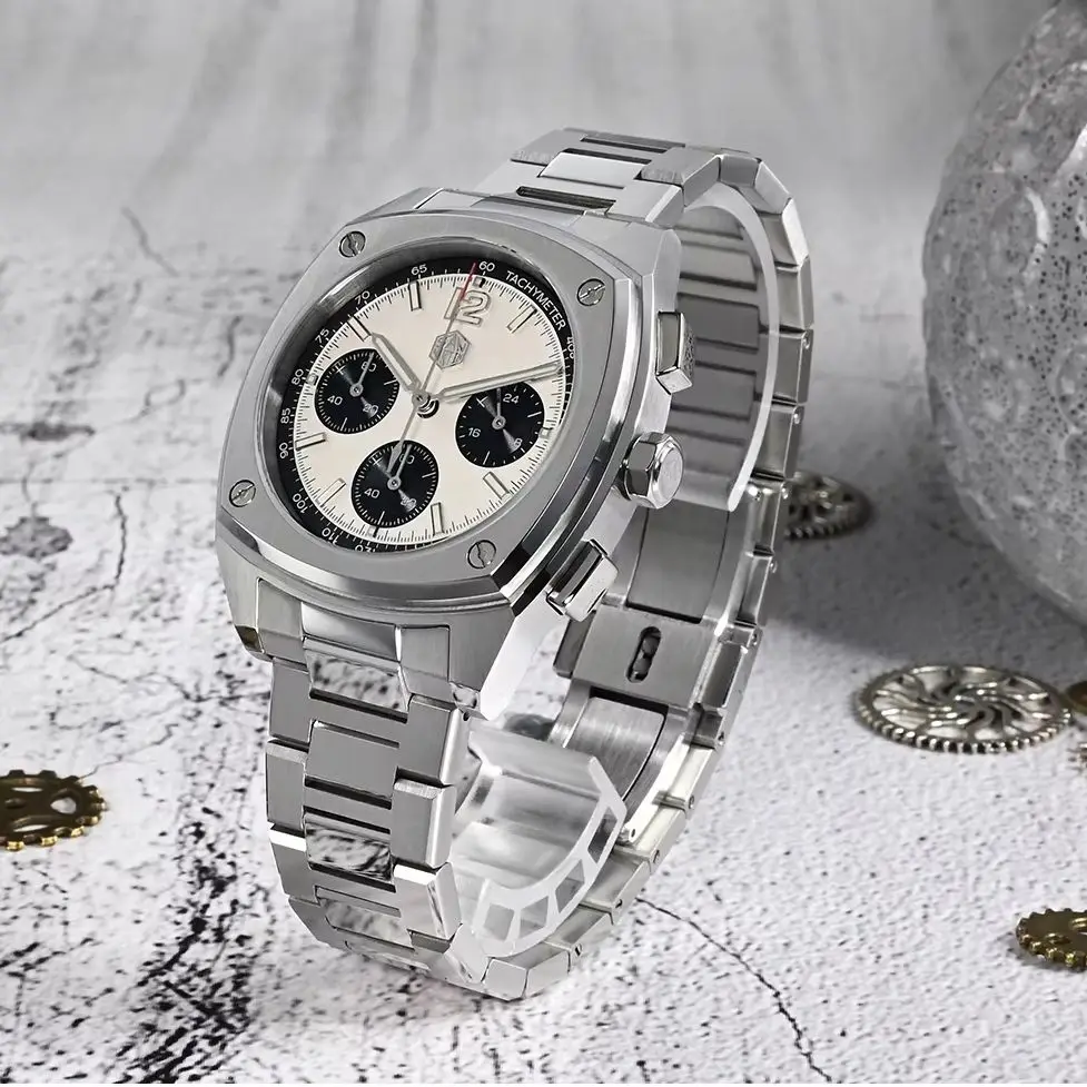 San Martin Men Chronograph Watch Luxury 39.5mm Panda Square Quartz Wristwatch 100M Waterproof Sapphire BGW-9 Luminous VK63