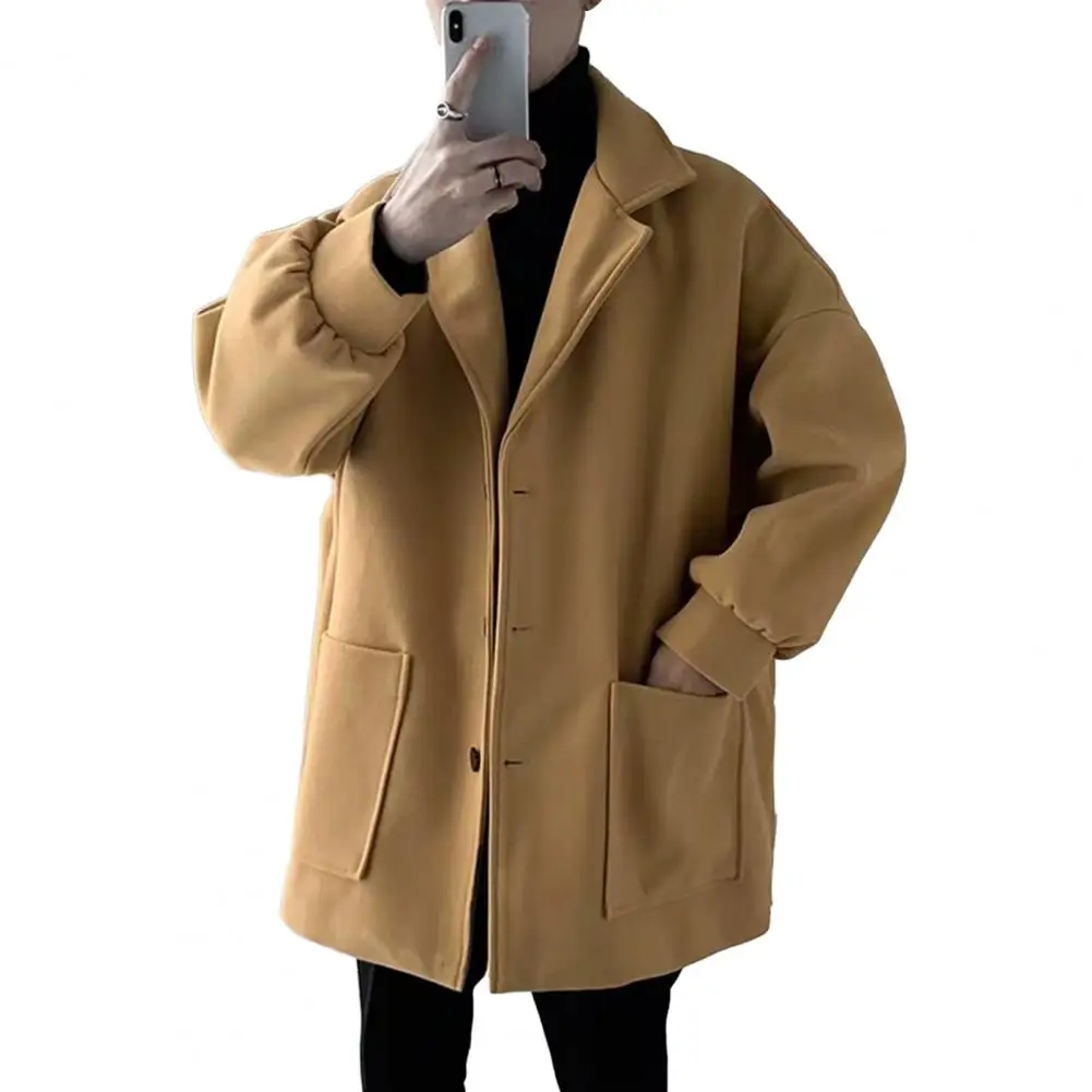 

Men Solid Color Jacket Mid-length Windproof Trench Coat with Notch Collar Single-breasted Pockets Thick Lapel for Warmth