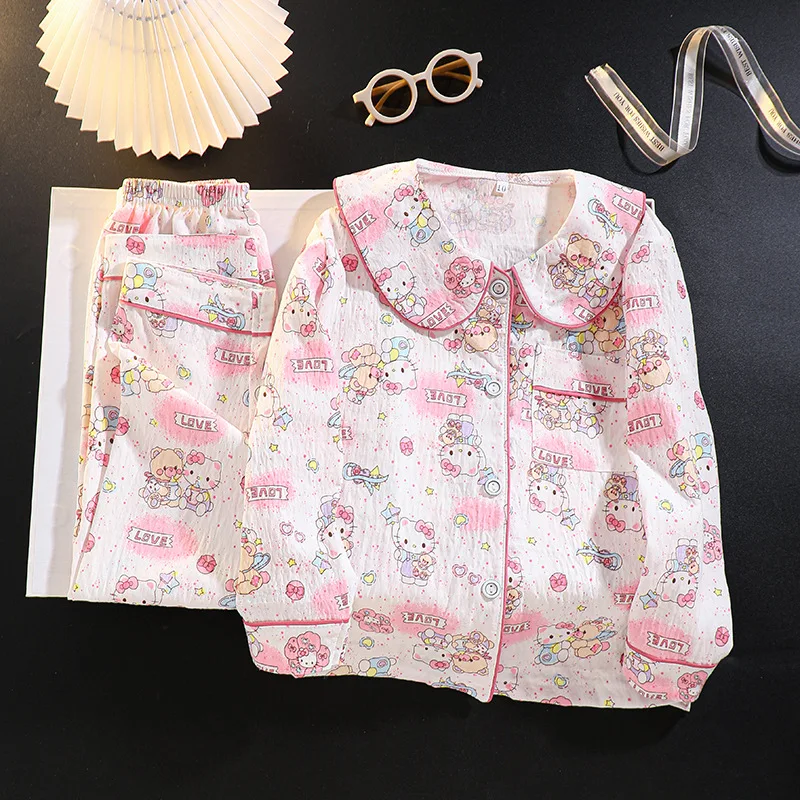 

2Pcs Hello Kitty Melody Kuromi Children Pajamas Girls Princess Pants Anime Kawaii Fashion Lapel Long-Sleeved Cartoon Homewear