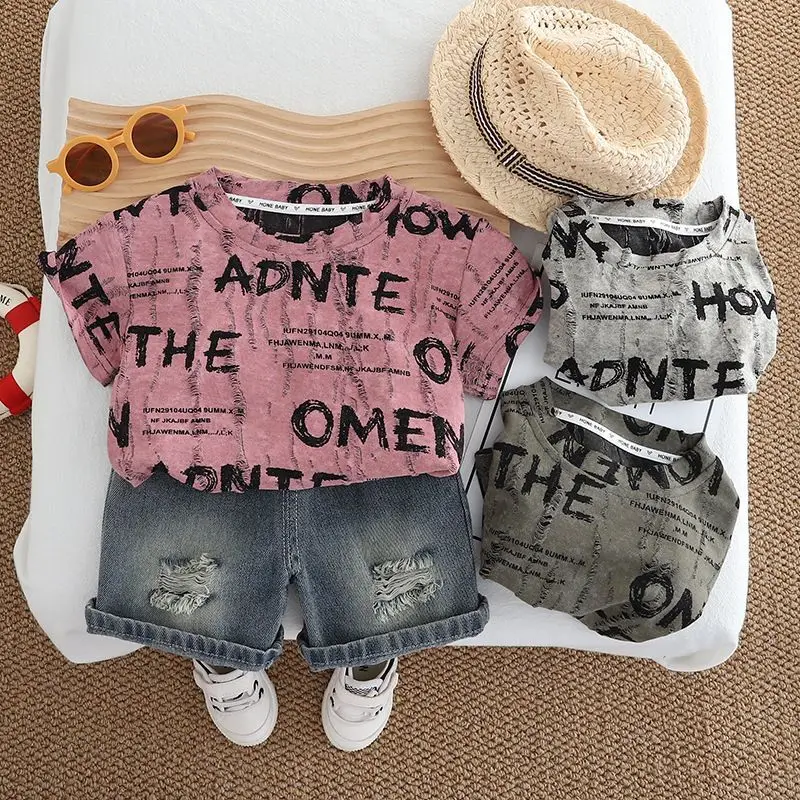 

Summer Kids Clothes Set for Boys - Cute Letter T-shirt And Denim Shorts 2-Piece Thin Style Outfit Children's Fashion