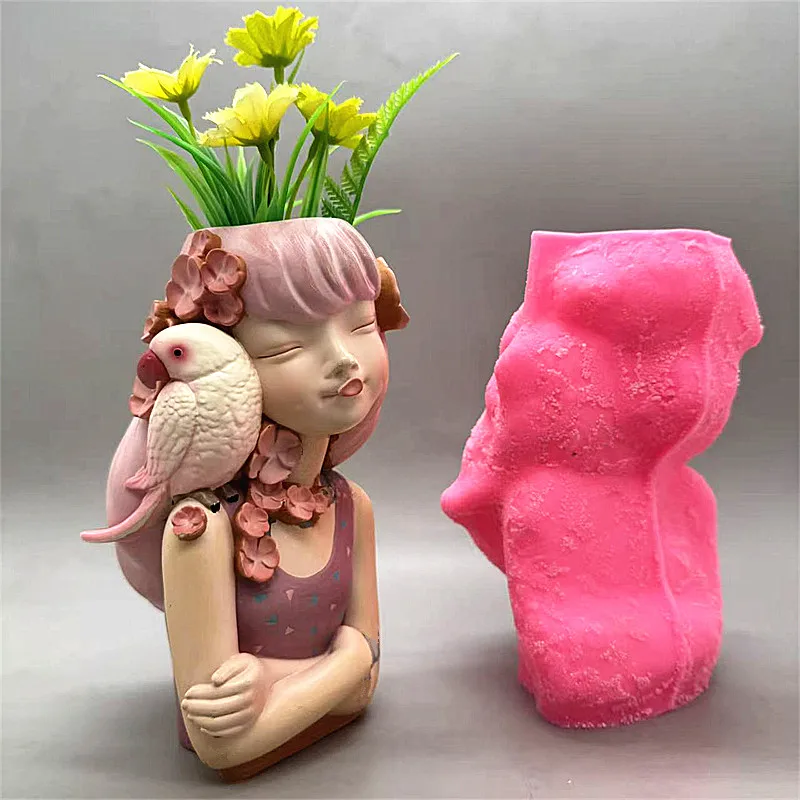 2026 Silicone Mold Parrot Girl Flower Pot Can Be Turned into Gypsum Resin Concrete Garden Balcony Ornament