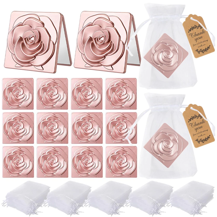 6/12Set 7cm Square Rose Mirror with Storage Bag Lady Portable Handheld Folding Mirror Dressing Table Makeup Accessories