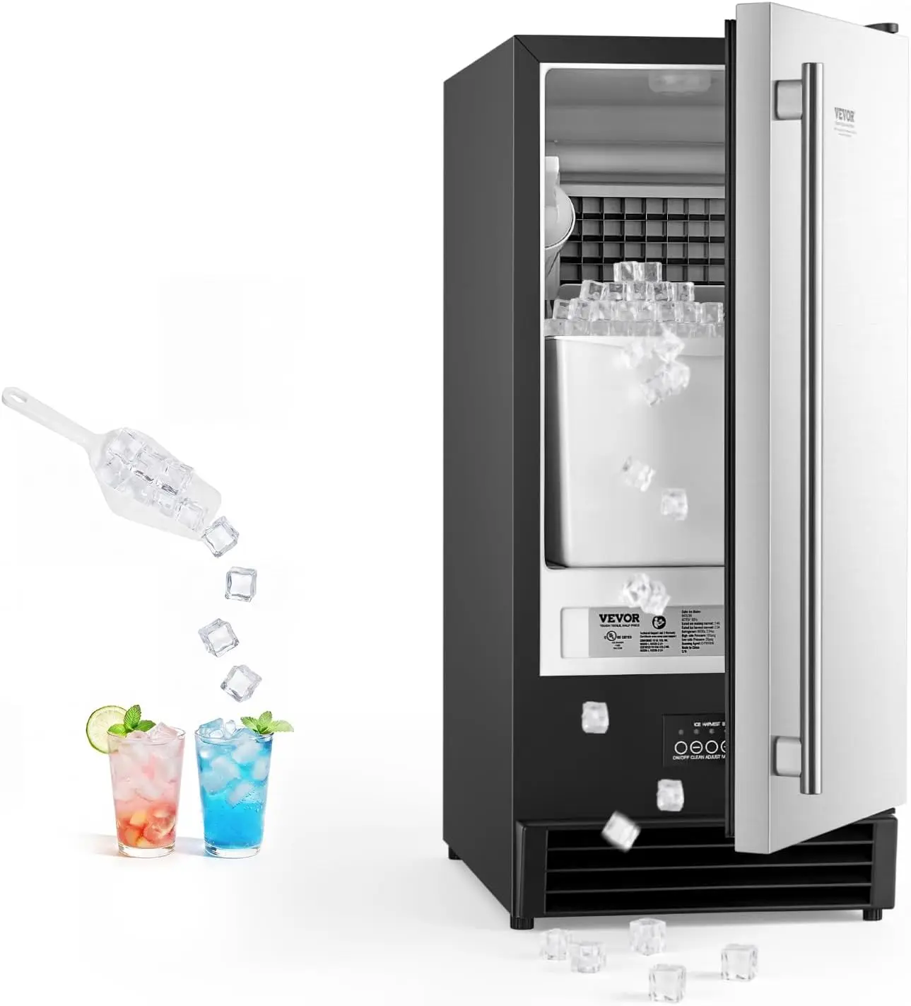 Undercounter Built-in Ice Maker, 50 Lbs/Day Under Counter Ice Maker Machine with Drain Pump, Reversible Door, Stainless Steel Fr