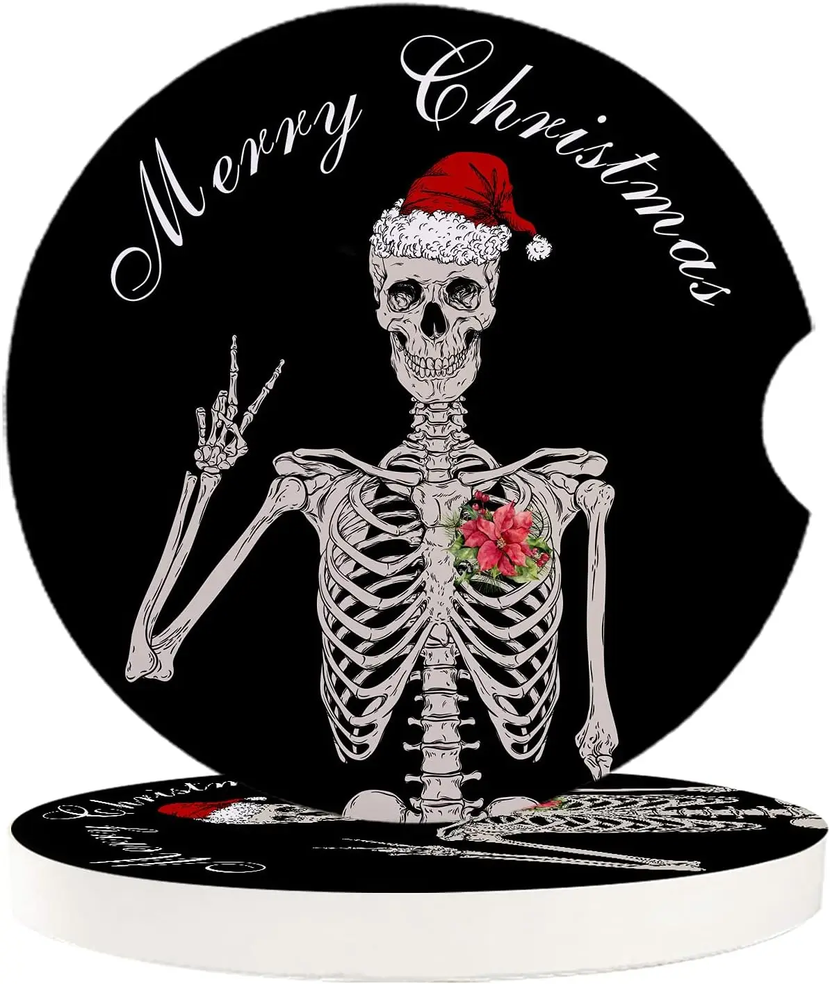 قبعة عيد الميلاد المضحكة، حاملات أكواب هيكل جمجمة، قواعد أكواب للسيارة للنساء/الرجال - عبوة من قواعد أكواب المشروبات المصنوعة من حجر السيراميك الماص