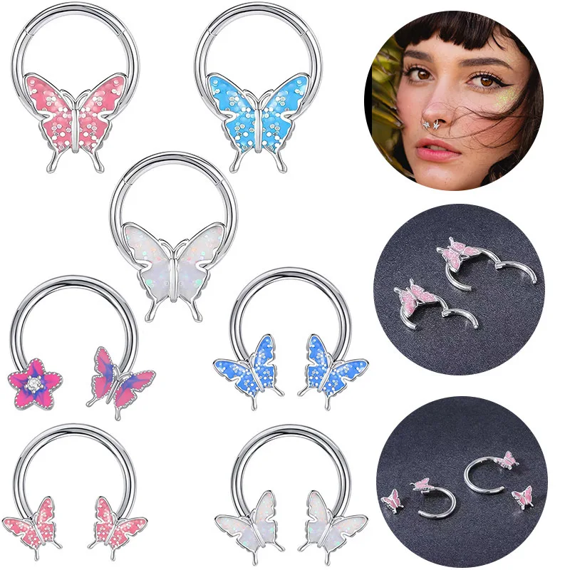 Glitter Butterfly Septum 16 Gauge Clicker Jewelry Fairycore Nose Hoop Group Glitter White Blue Butterfly Body Jewelry Collection