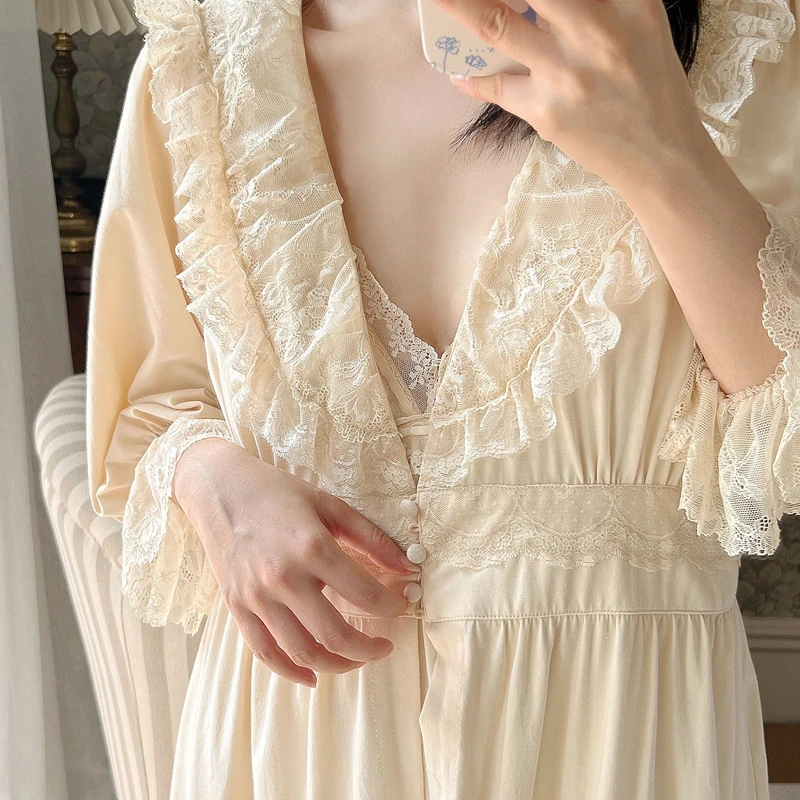 Sexy V Neck Nighty Robe Set Women Fairy Cotton Long Sleepwear Sweet Princess Nightwear Pijamas Set Vintage Apricot Nightgowns