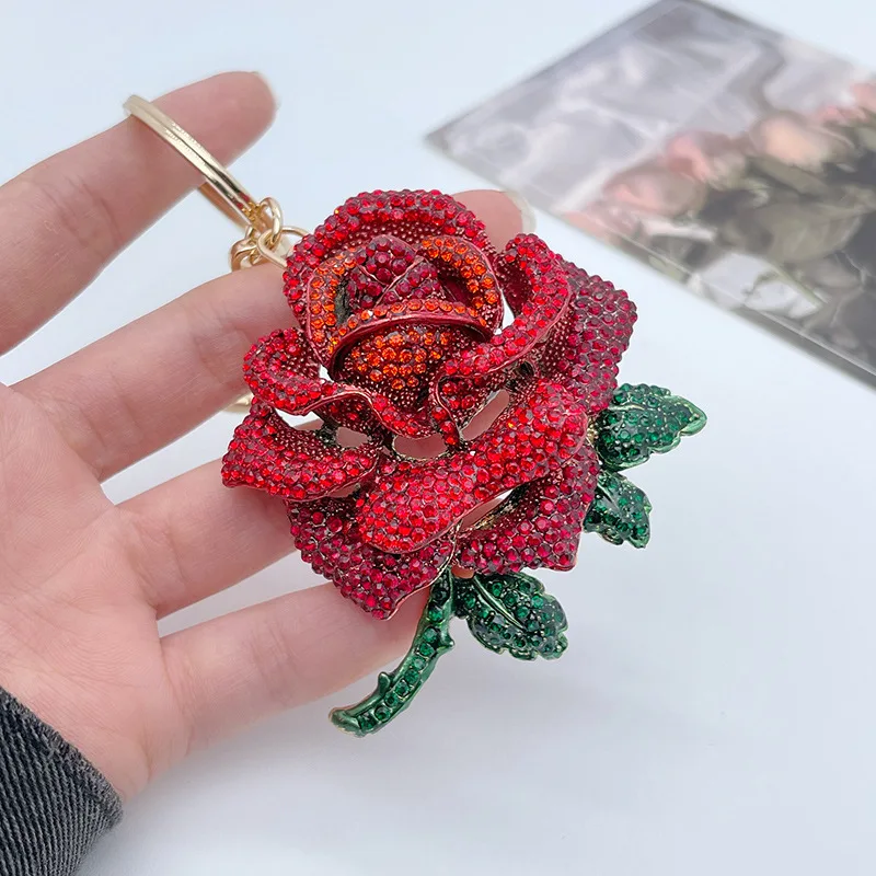 Creative alloy cute rhinestone rose car key ring women\'s bag accessories flower metal pendant small gift