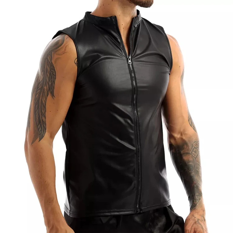 Herren Lederweste Elastisch Mode PU Leder T-Shirts Biker Tank Tops Streetwear – Detail 1