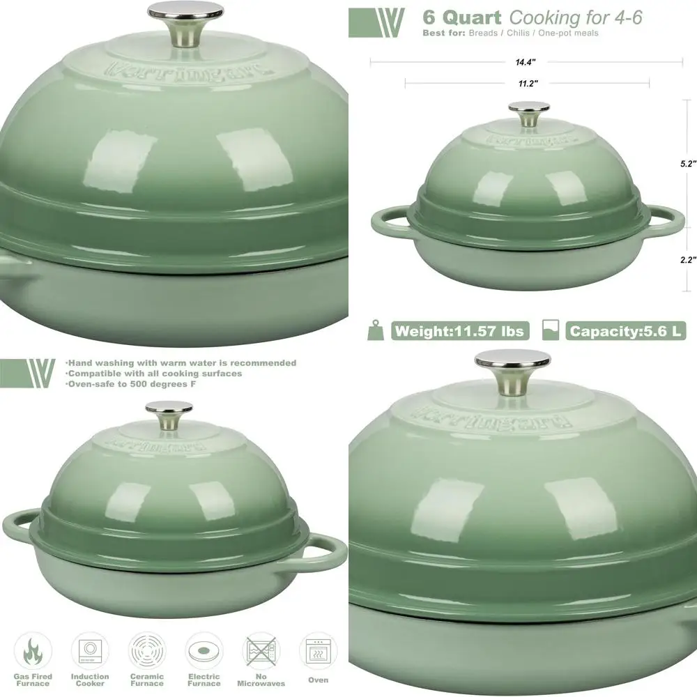 

Enameled Cast Iron Dutch Oven with Lid, 6 Quart, Ideal for Bread Baking, Green