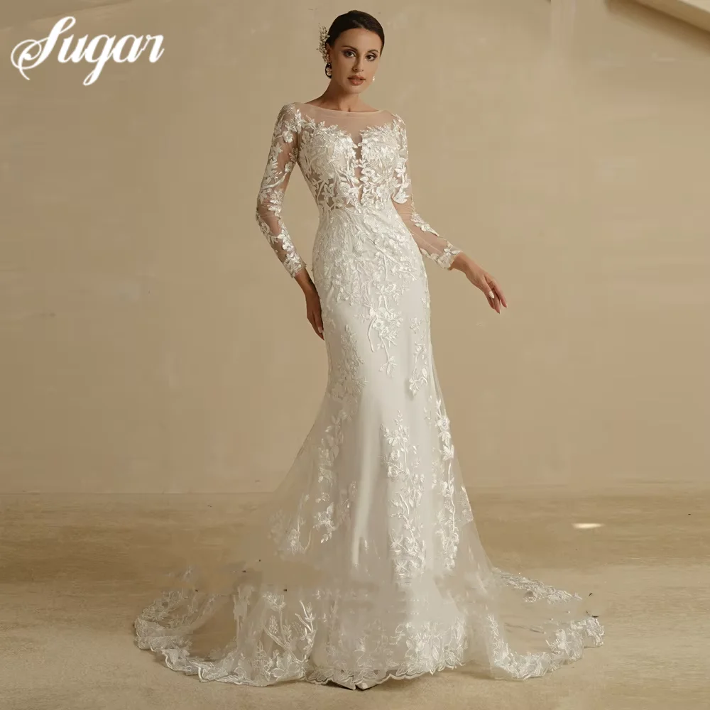 Abiti da sposa da spiaggia con strascico staccabile O-Collo Sirena Abiti da sposa sexy Abiti in pizzo Maniche lunghe Vestido De Novia Personalizzato