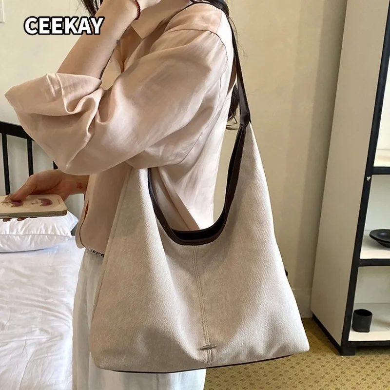 

CEEKAY Wool Blend Large Hobo Tote Bag Faux Leather Trim Shoulder Strap Minimalist Shoulder Handbag for Office Travel Shopping