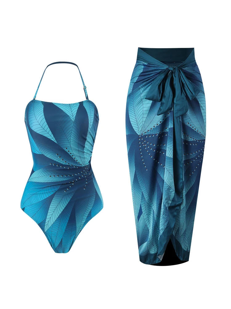 Bañador de una pieza con estampado de hojas azules para mujer, traje de baño elegante de cintura alta con cuello colgante, Bikini francés cubierto