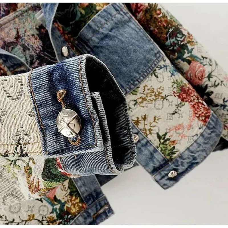 Jaqueta feminina retrô bordada flor jeans curta, casacos casuais de lapela de peito único, blusa feminina versátil, moda primavera e outono