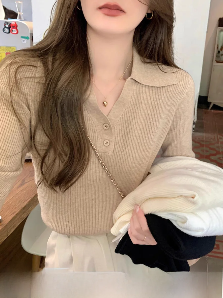 Knit Women Spring and Autumn 2024 New Polo Collar Button Base Long sleeve Inner wear Crop Sweater Top Winter