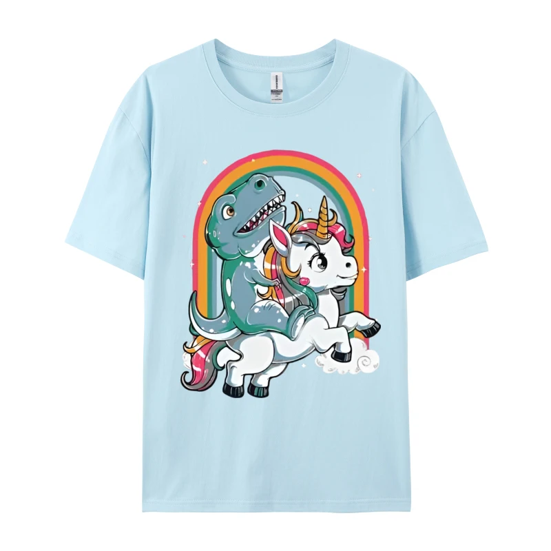 Dinosaur Riding Unicorn T-Rex Rainbow Men T-shirts Youth Unisex Cotton Tshirt Camisas Basicas Hombre Good Quality