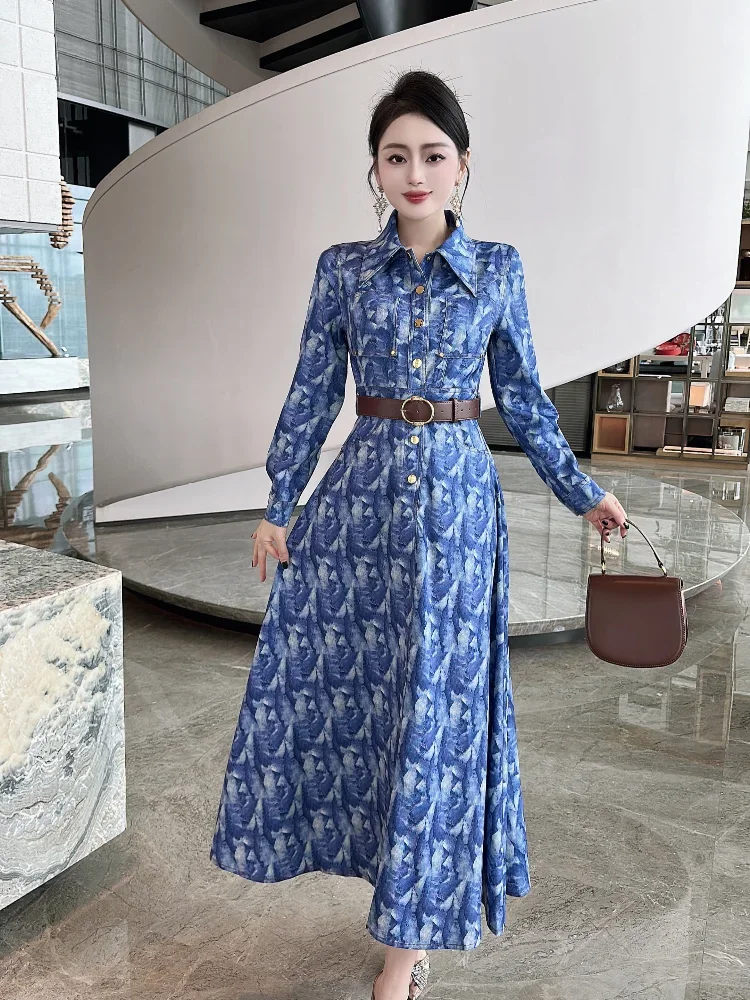 High street style polo collar fashionable printed dress for women 2024winter new model temperament warm long dress party banquet