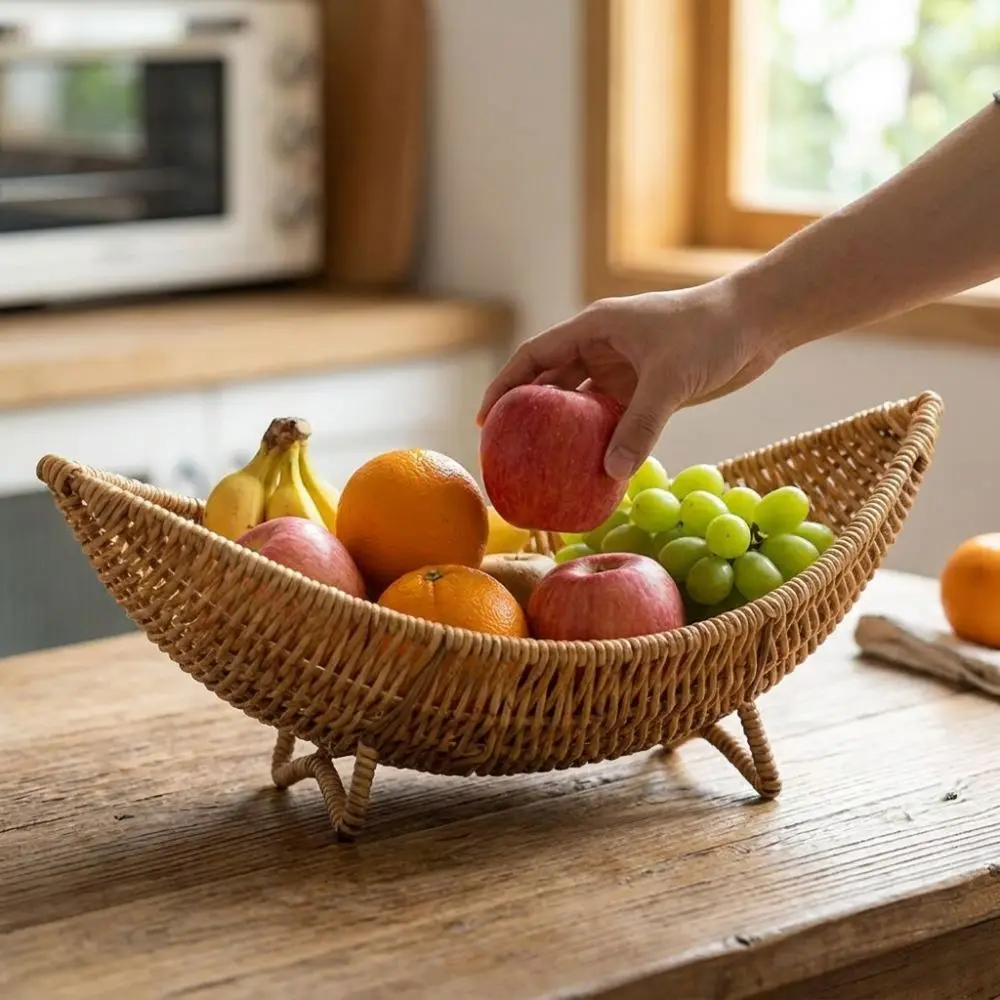 Large Capacity Plastic Hand-Woven Basket Hollow Drain Moisture Proof Fruit Bread Basket Rustic Cosmetics Storage Basket