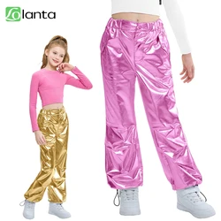 LOlanta Girls Metallic Jogger Pants Jazz Street Hip Hop Dance Shiny Trousers Loose Fit Cargo Pants Elastic Waist Streetwear