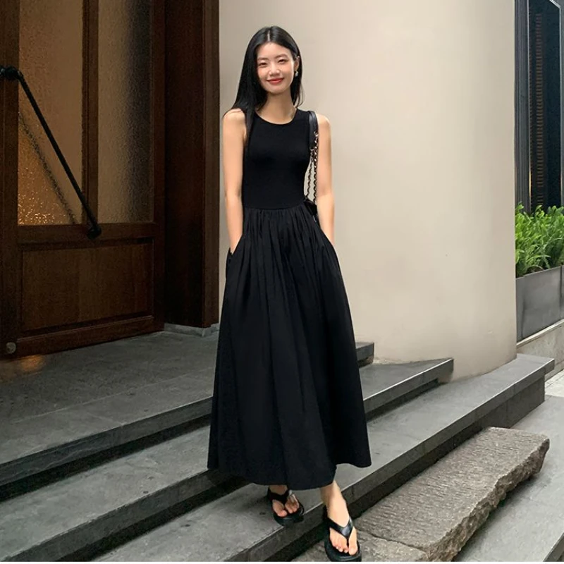 Vestido midi negro estilo vintage para mujer, escote redondo, casual de oficina con bolsillos 2