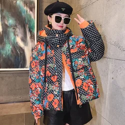 Print High-End Quality Hoody Down Jacket 2026 New Women White Down Cotton Jacket Student Fried Street Winter Thick Coat Oversize