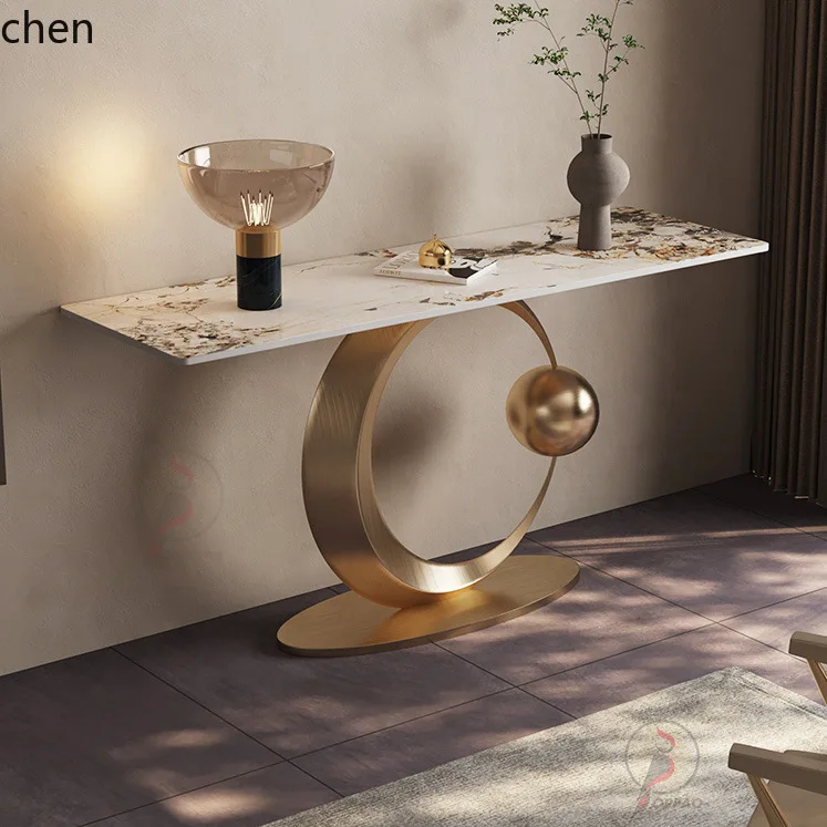 YFY Italian Style Light Luxury Stainless Steel Half-Moon Entryway Table Simple Corridor Hallway Entryway Marble Console