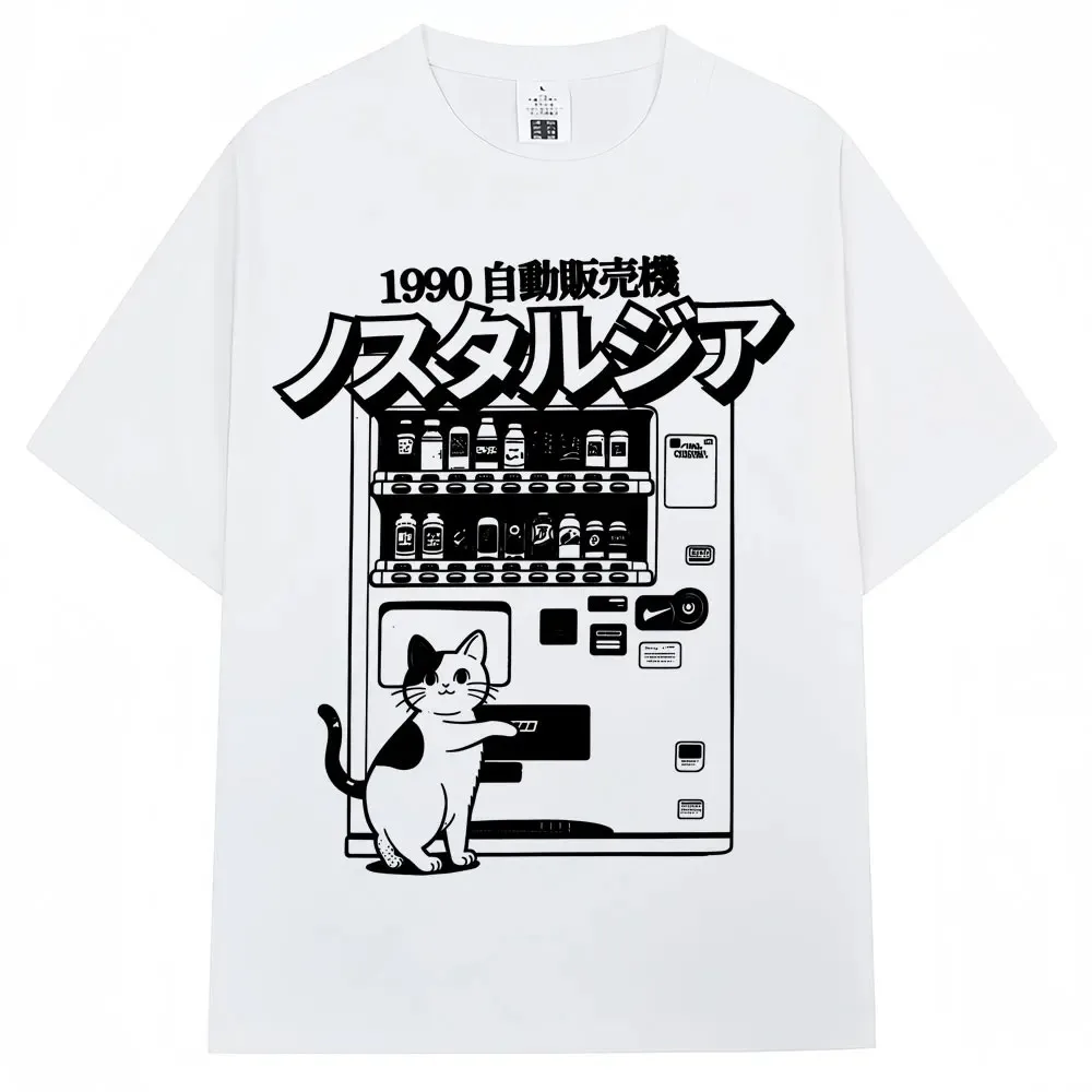Vintage Japan Cat Vending Machine Graphic T Shirts 90s Anime Fashion Harajuku Men Women Short Sleeve Oversized Cotton T-shirts