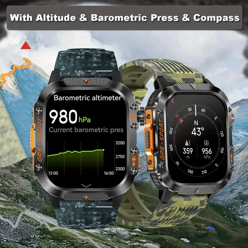 남성 여성을위한 Wonlex GPS 스마트 시계 군용 Amoled 손전등 IP68 방수 야외 스포츠 나침반 Smartwatch 스마트 밴드