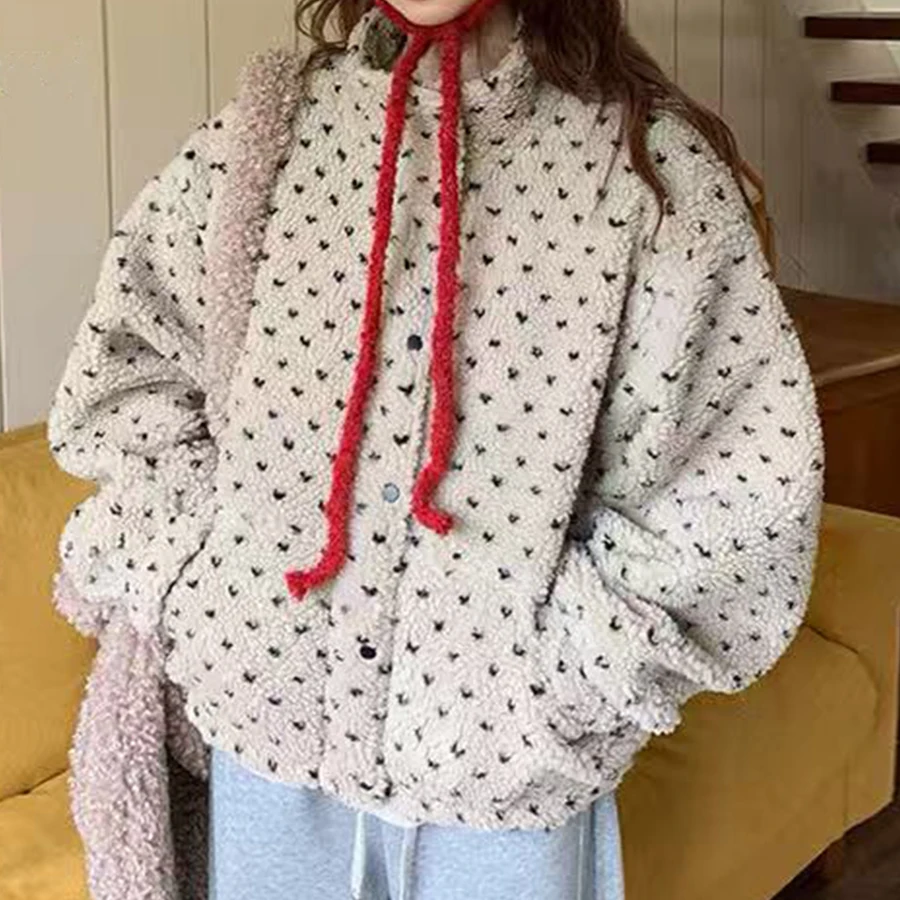 

Шикарное пальто из овечьего меха, свободное повседневное женское пальто с воротником-стойкой, зимнее антивозрастное теплое удобное хлопковое пальто с сердечком в горошек