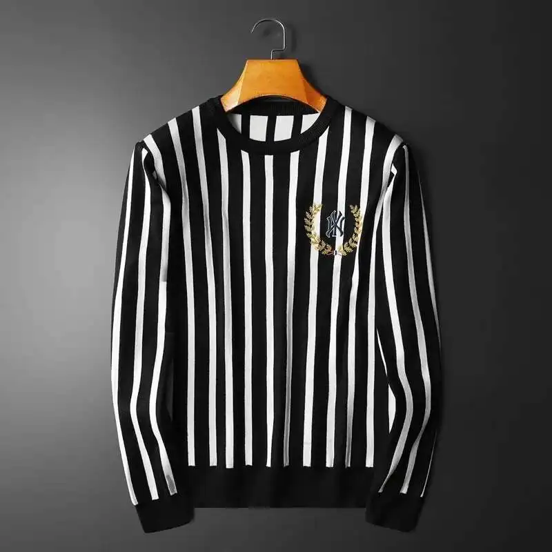 

Stripe Contrast Color Sweater Fall Men Long Sleeve Slim Printing Pullover Sweater Social Dress Shirt Streetwear Men Clothing