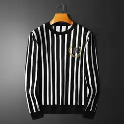Stripe Contrast Color Sweater Fall Men Long Sleeve Slim Printing Pullover Sweater Social Dress Shirt Streetwear Men Clothing