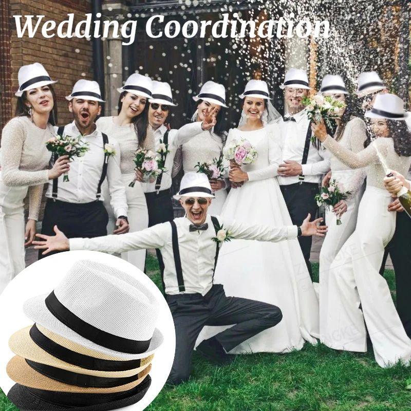 10-50Pcs Straw Fedora Hat Havana Night for Men Women Panama Wedding Party Hat for Guest Trilby Short Brim Cap Birthday Favors view 4