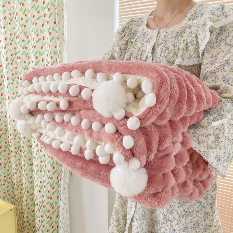 Super Soft Faux Rabbit Fur Blanket with Tassel Ball Fall Winter Warm Thick Fleece Throw Blanket for Bed Plush Fluffy Sofa Plaid