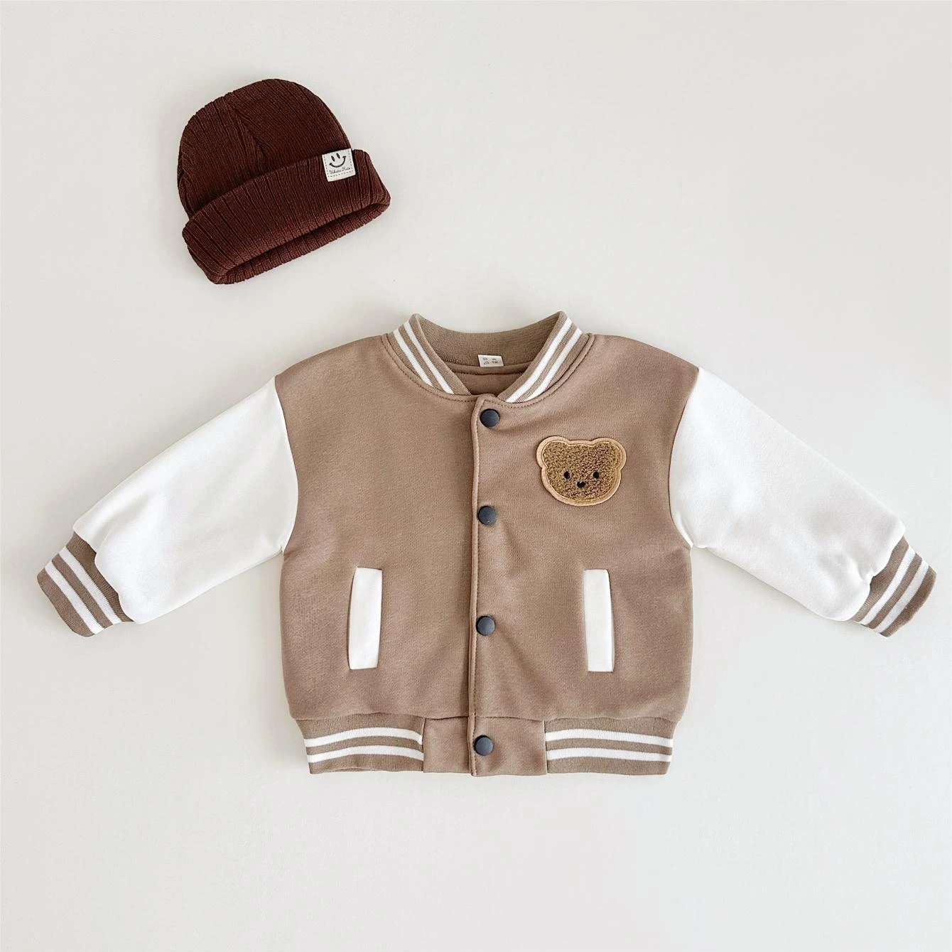 2023 Boys and Girls\' Little Bear Thickened Fabric Long Sleeve Cardigan Button Jacket Panel Contrast Autumn and Winter Clothing