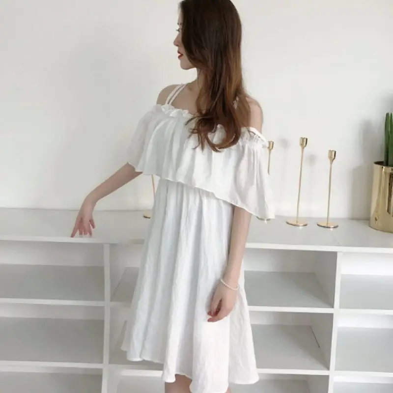 2022 Summer Women White Black Chiffon Dress Backless Lotus Leaf Short Sleeve Ladies Sundress