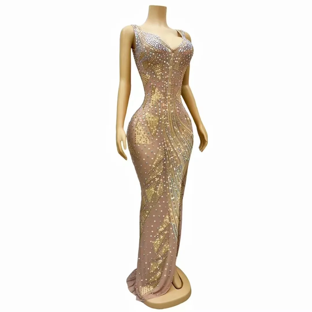 Sexy Luxury Silver Gold Crystals Sleeveless Dress Transparent Outfit Dance Stage Celebrate Nightclub Party Photoshoot Costume