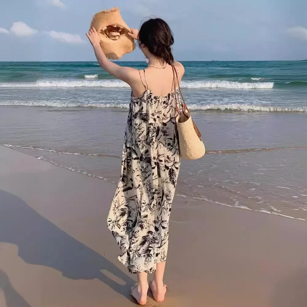 2025 ศิลปะหมึกดอกไม้ Sundress ภาษาฝรั่งเศสคําได้อย่างง่ายดาย Maxi Beach Dress ผู้หญิง Linen Blend Gallery รีสอร์ทสายรัดปรับ