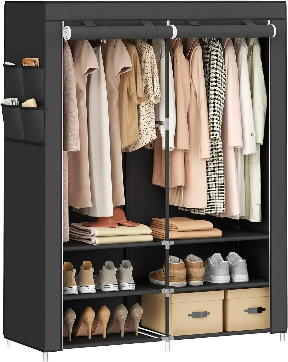 

Portable Closet Wardrobe with Shoe Rack and Cover, Closet Storage Organizer, 2 Hanging Rods, Shelves, and 4 Side Pockets