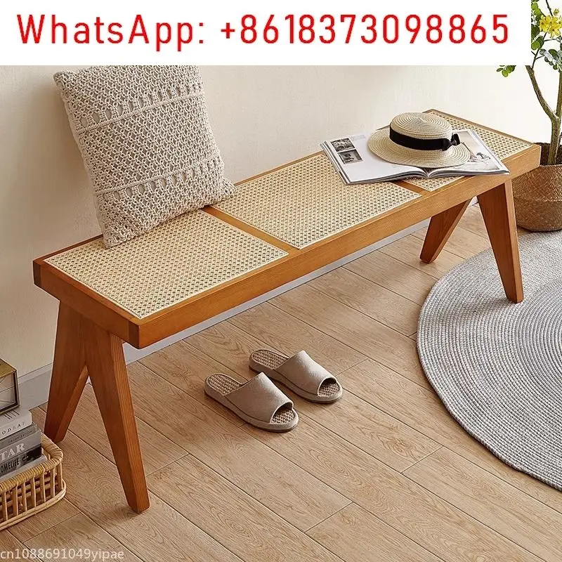 

Solid Wood Rattan Bench Living Room Chairs Long Bench Japanese Bed End Bench Retro Chaise Lounge Stool House Furniture Ottoman