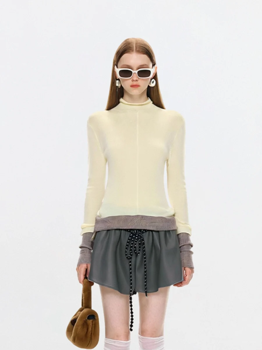 

Женская трикотажная кофта AHMI с высоким воротником и длинным рукавом, приталенная, с цветовыми блоками, для повседневной носки, осенняя новинка