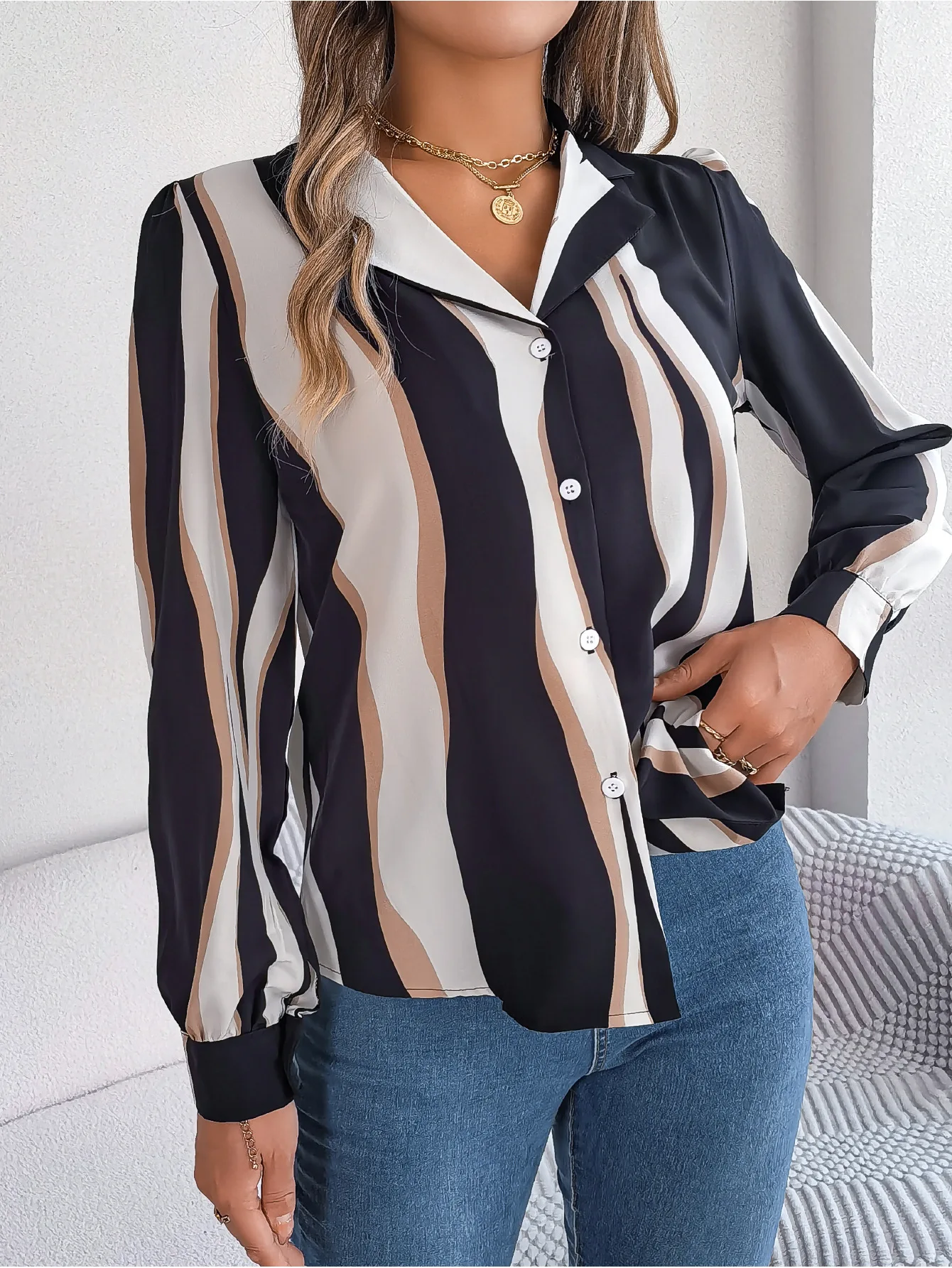 

T-shirt for Female Autumn and Winter Fashion Casual Versatile Collision Striped Suit Collar Long Sleeve Blouse