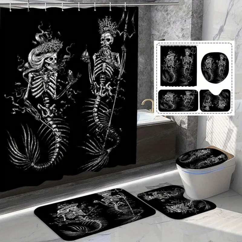 1/4pcs Halloween Skull Skeleton Lovers Shower Curtain Set, King and Queen Pattern, Non-slip Bath Mat, Toilet Cover and U-shaped