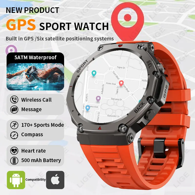 

LIGE Outdoor Sports 2025 New Altimeter Smart Watch Dual-Band GPS 5ATM Waterproof 500mAh Battery Compass BT Call Smartwatch Men